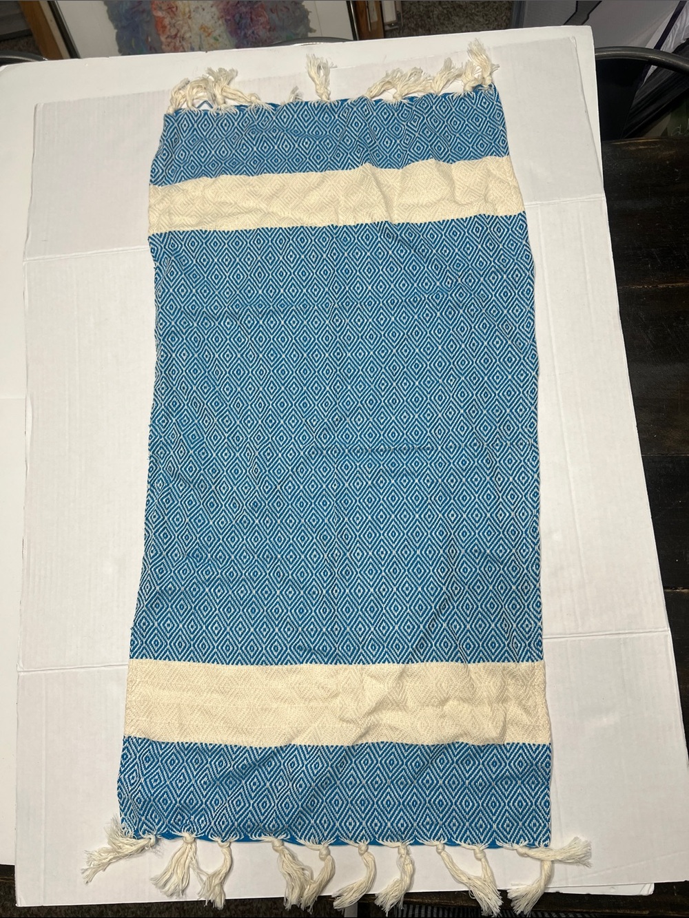 Blue Diamond Turkish-Style Towel with Cream Stripes